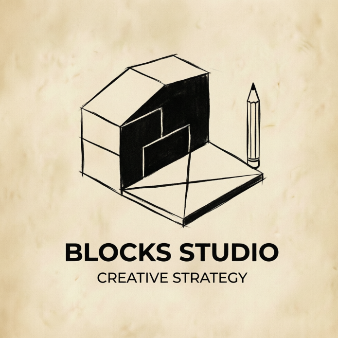A striking 1:1 geometric logo layout on a textured beige background. The icon is a beautifully composed isometric assembly of 3D building blocks, tangram shapes, and a minimalist pencil with solid black shaded areas to emphasize perspective. Directly below the abstract graphic, modern, bold sans-serif text reads "BLOCKS STUDIO" followed by "CREATIVE STRATEGY".