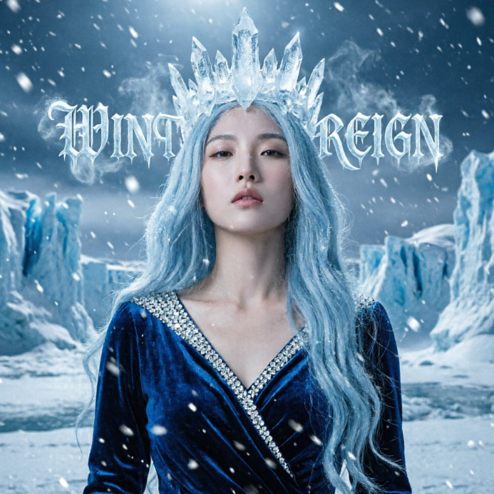 A woman with long ice-blue hair standing in a snowy, glacial landscape, wearing an intricate transparent ice crystal crown and a deep blue velvet gown with a diamond-encrusted neckline. Gothic white text "WINTER REIGN" floats on both sides of the image, presenting a cold and mysterious fantasy aura.