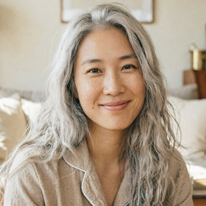 An Asian woman with long wavy grey hair sitting on a comfortable indoor sofa, wearing beige pajamas and smiling gently and naturally.