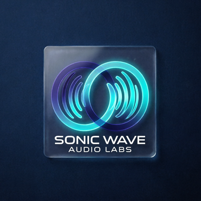 A high-tech 1:1 music logo centered on a dark navy-blue textured background. The icon depicts intersecting circular soundwave rings made of overlapping semi-transparent gradients of deep indigo and neon cyan, radiating outward. Underneath the soundwave pattern, modern white sans-serif typography displays "SONIC WAVE" with the secondary text "AUDIO LABS" directly underneath.