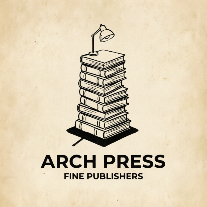 A sophisticated 1:1 logo design featured on a warm cream paper texture. The central emblem is a tall tower constructed from neatly stacked isometric books, with a tiny, minimalist reading light casting an implied solid black shadow at the base. Beneath the book tower, crisp black sans-serif typography reads "ARCH PRESS" with the subtitle "FINE PUBLISHERS" centered.