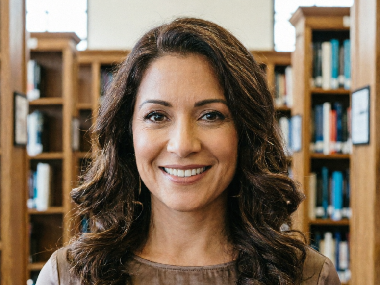 A mature woman with long wavy dark brown hair smiling elegantly in front of wooden bookshelves filled with books.