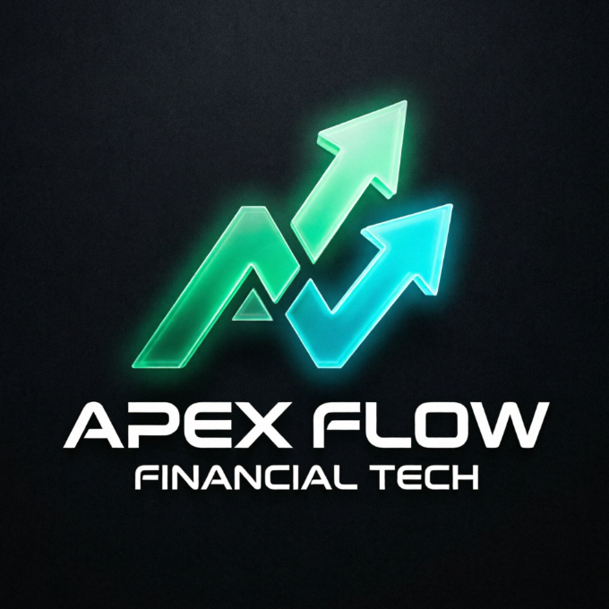 A sleek 1:1 professional logo centered on a dark obsidian black background. The icon showcases two overlapping upward-pointing chevron arrows constructed from semi-transparent gradients transitioning from glowing emerald green to electric teal. Underneath the dynamic graphic, a clean, futurist white typeface displays "APEX FLOW" in all-caps, with "FINANCIAL TECH" as a smaller subtitle beneath it.