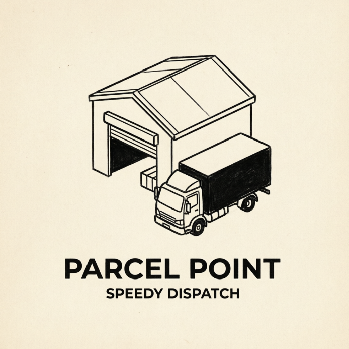 A clean, modern 1:1 logo design on a light beige paper background. The illustration features an isometric line-art cargo warehouse with its roller door open, alongside a delivery truck with a solid black cabin parked outside. Below the geometric composition, the text reads "PARCEL POINT" in sans-serif capital letters, with "SPEEDY DISPATCH" centered below.