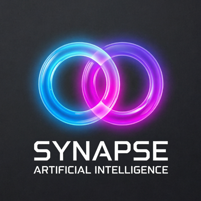 A vibrant 1:1 graphic of a logo centered on a solid matte charcoal gray background. The icon is an abstract neural connection network consisting of two semi-transparent overlapping circular loops in electric blue and neon violet gradients. The area where the loops intersect blends into a bright magenta. Below the glowing emblem, crisp white geometric sans-serif typography reads "SYNAPSE" in all-caps, with "ARTIFICIAL INTELLIGENCE" as a smaller subtitle aligned beneath it.