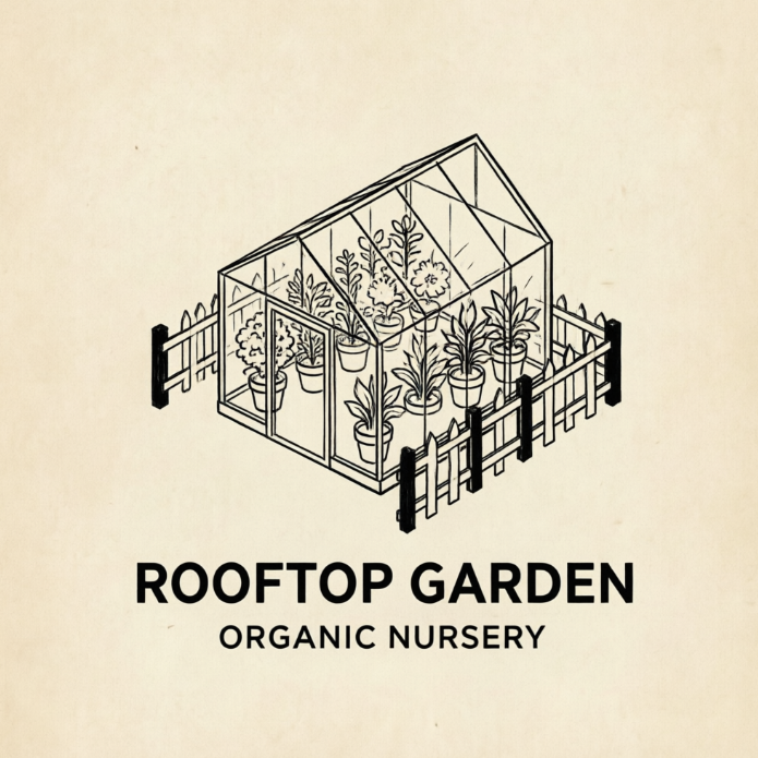 A beautifully balanced 1:1 logo layout on a pale cream paper texture. The central graphic is an isometric line-art greenhouse with small potted plants visible inside through transparent-styled wireframe lines, enclosed by a simple wooden fence with solid black posts. Below the illustration, the clean typography reads "ROOFTOP GARDEN" with the subtitle "ORGANIC NURSERY" perfectly centered.