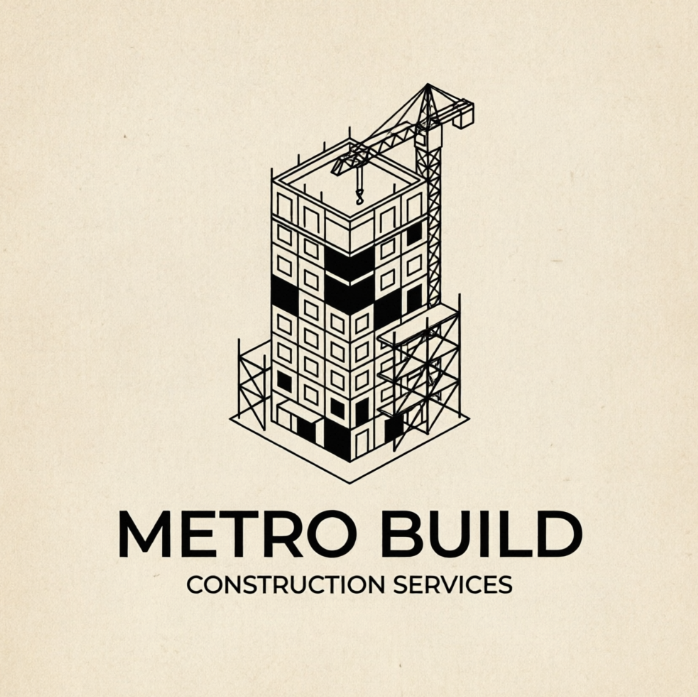 A minimalist 1:1 vector graphic of a logo on a textured, cream-colored paper background. The central icon is an isometric line-art illustration of a skyscraper under construction with fine black lines, featuring a crane and scaffoldings, accented with solid black-filled panels for contrast. Below the graphic, clean, black sans-serif typography reads "METRO BUILD" in all-caps, with a smaller subtitle "CONSTRUCTION SERVICES" aligned neatly beneath it.
