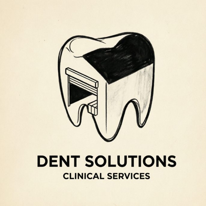An elegant 1:1 healthcare logo on a clean cream paper canvas. The design shows a minimalist clinic building integrated with a clean isometric tooth outline, using solid black highlights on the roof panels to create depth. Beneath the clinic emblem, the stylish typography displays "DENT SOLUTIONS" with the secondary text "CLINICAL SERVICES" directly underneath.