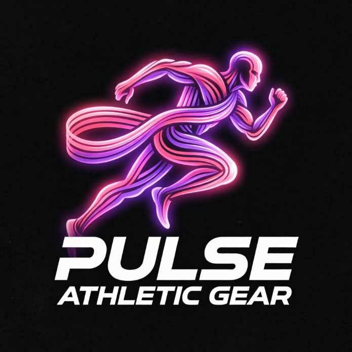 A highly dynamic 1:1 sports brand logo on a solid pitch black background. The icon is formed by overlapping flowing ribbon lines that trace the abstract figure of a runner in motion, rendered in high-contrast gradients of glowing hot pink and electric violet. Beneath the kinetic graphic, bold, modern white sans-serif text reads "PULSE" followed by the subtitle "ATHLETIC GEAR" below.