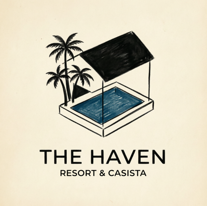 A high-end 1:1 hospitality logo centered on a premium cream cardstock background. The artwork features an isometric minimalist resort villa with structured palm trees and a rectangular swimming pool defined by solid black water tiles. Below the building icon, the clean, airy sans-serif font reads "THE HAVEN" with the subtitle "RESORT & CASITA" neatly aligned below.