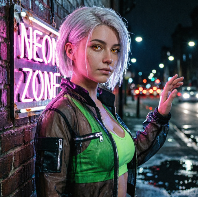 A girl with short silver-white hair leaning against a wet brick wall, with a pink and purple "NEON ZONE" neon sign behind her. She wears a black translucent raincoat over a neon green top, looking sharply at the camera. The street lights of the rainy night are blurred in the background, creating a cinematic cyberpunk atmosphere.