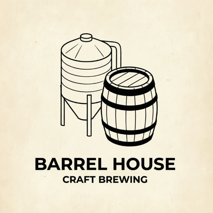 A bold, flat 1:1 logo artwork on a textured ivory paper background. The icon showcases an isometric line-art brewery silo connected to a large wooden beer barrel with solid black hoops. Beneath the structured icon, the clean sans-serif typeface reads "BARREL HOUSE" in all-caps, with "CRAFT BREWING" written in a smaller font directly underneath.