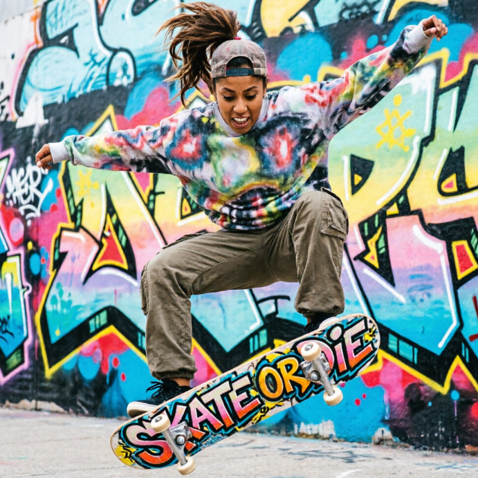 A young girl with a ponytail jumping in the air on a skateboard in front of a colorful graffiti wall. She wears a tie-dye hoodie and cargo pants with an energetic expression. The bottom of the skateboard features the prominent colorful graffiti text "SKATE OR DIE", capturing the dynamic moment of extreme sports.