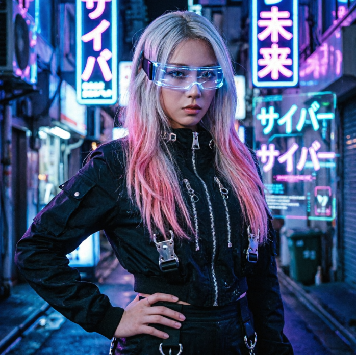 A woman with pink and silver gradient long hair standing on a street at night, wearing glowing futuristic goggles and a black tactical jacket with metal buckles. The background is filled with dense blue and purple neon signs displaying the Japanese Katakana "Cyber" and the Kanji "Future", showcasing a strong cyberpunk sci-fi style.