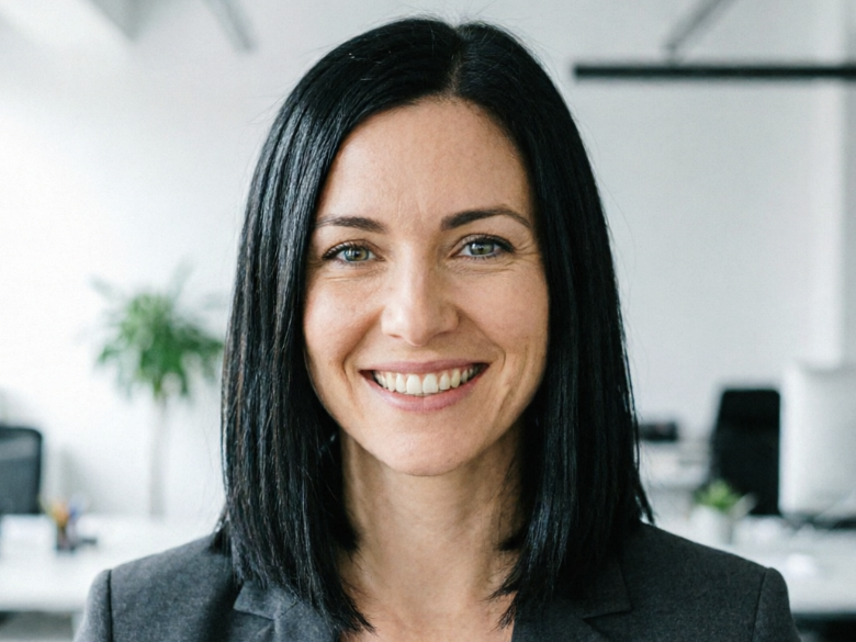 A professional woman with shoulder-length black straight hair smiling in a bright office, wearing a dark grey blazer.