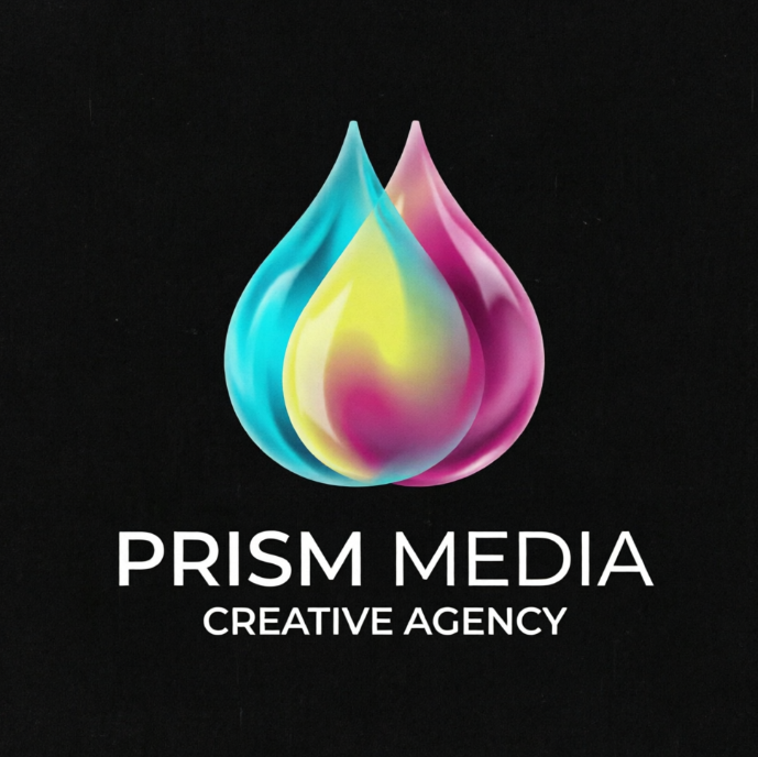 A highly artistic 1:1 logo layout on a solid black background. The central icon consists of three overlapping fluid, organic teardrop shapes rendered in gradients of translucent cyan, lemon yellow, and magenta, creating vibrant secondary shades where they overlap. Directly below the fluid graphic, modern and clean sans-serif text in white reads "PRISM MEDIA" followed by the subtitle "CREATIVE AGENCY" centered.