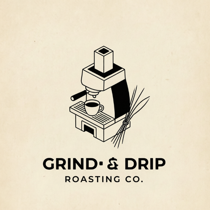 A precise 1:1 logo design centered on a beige textured paper background. The illustration displays a minimalist isometric espresso machine with a clean coffee cup resting on its tray, rendered in sharp black outlines and solid black fills on the drip tray and side panels. Underneath the graphic, modern sans-serif typography displays "GRIND & DRIP" in bold, with the secondary text "ROASTING CO." below it.