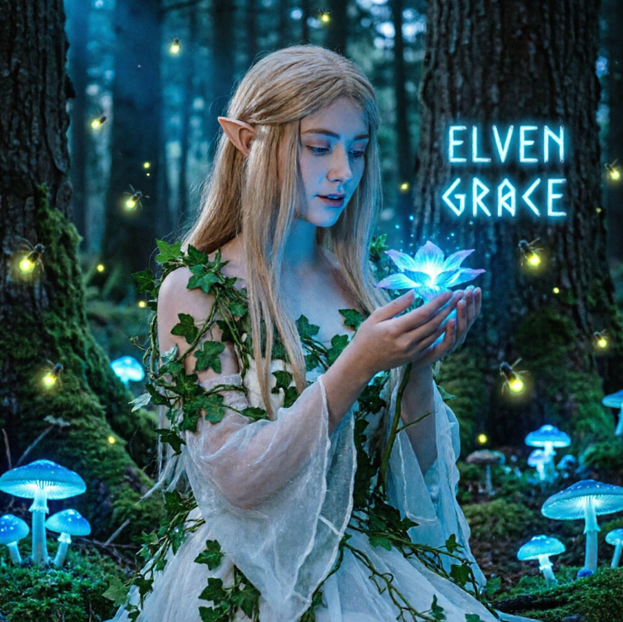 A blonde elf girl with pointed ears in a dark magical forest, wearing a white gauze dress intertwined with ivy. She holds a glowing blue lotus flower in her hands, surrounded by fireflies and glowing blue mushrooms. Floating cyan text reading "ELVEN GRACE" appears next to a tree trunk on the right, filling the scene with fantasy colors.