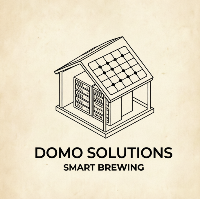 A sleek, technical 1:1 isometric logo on a cream-colored textured backdrop. The design depicts a modern house with an open side, showing a minimalist server rack and solar panels with solid black accent lines, suggesting automation. The elegant sans-serif brand name below reads "DOMO SOLUTIONS" with the smaller tagline "SMART LIVING" positioned underneath.