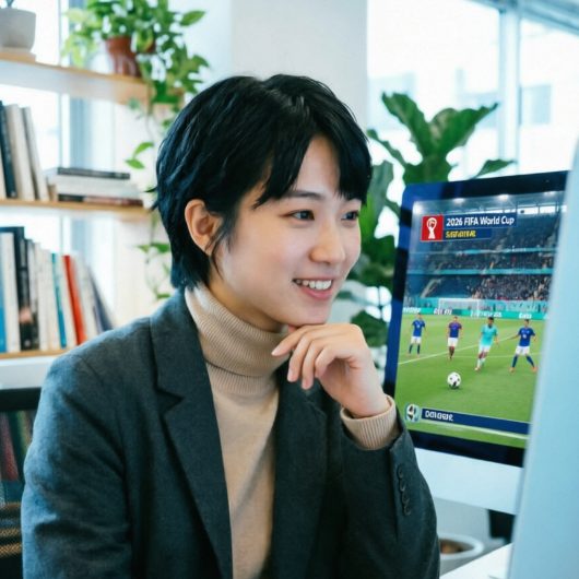 An Asian woman with short black hair sits at a desk wearing a dark grey blazer and beige turtleneck, smiling as she watches a computer screen displaying the "2026 FIFA World Cup" live stream. The background features bookshelves and plants, creating a relaxed atmosphere of watching sports during a work break.