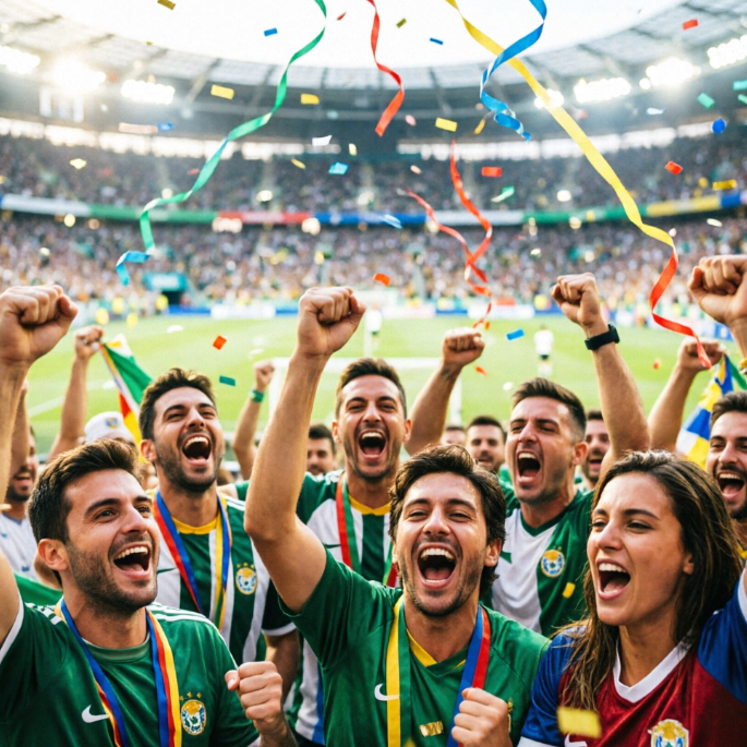 Fans in green jerseys wearing medals cheer wildly in the stands — some pumping fists, others spreading arms wide — as ribbons and confetti swirl through the air. The packed stadium glows under bright lights, capturing the electrifying moment of championship celebration.