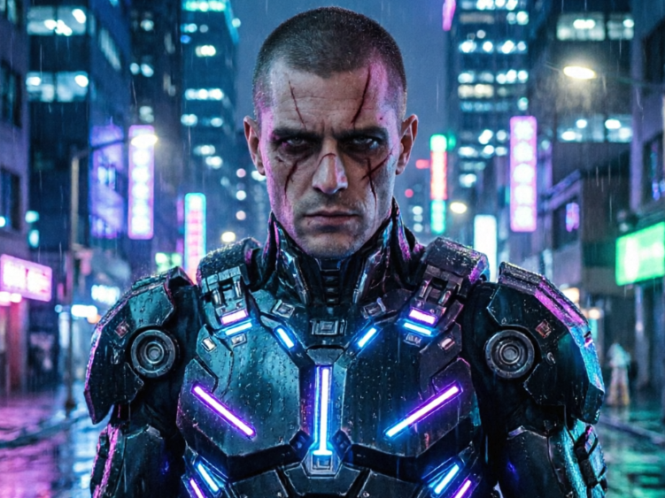 A serious-looking male with short hair and facial scars standing on a neon-lit city street at night in the rain. He wears heavy black high-tech mech armor with glowing purple and blue LED lights. Rain wets his skin and armor, creating a hardcore sci-fi atmosphere.