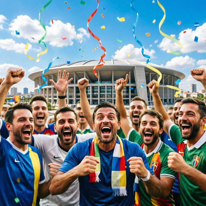 A group of male fans in various national team jerseys cheer with raised arms outside a large stadium, as colorful confetti and streamers fall from the sky. The modern circular stadium stands under a bright blue sky with white clouds — capturing the joyous, festive atmosphere of victory.