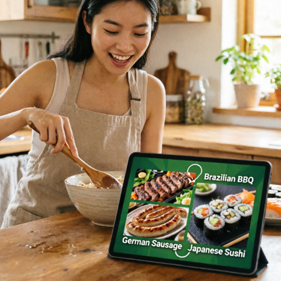 An Asian woman in an apron smiles while stirring ingredients in a kitchen bowl; a tablet in front of her displays food options — “Brazilian BBQ,” “German Sausage,” and “Japanese Sushi” — suggesting AI is recommending international recipes based on her cooking context.