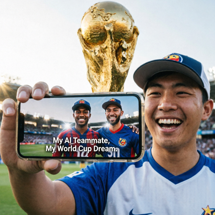A young man in a baseball cap holds up his phone for a selfie in front of a stadium; the screen shows him posing with two AI-generated “teammates” in different national team jerseys, captioned “My AI Teammate, My World Cup Dream,” expressing how AI lets him fulfill the dream of playing alongside idols even if he can’t compete in reality.