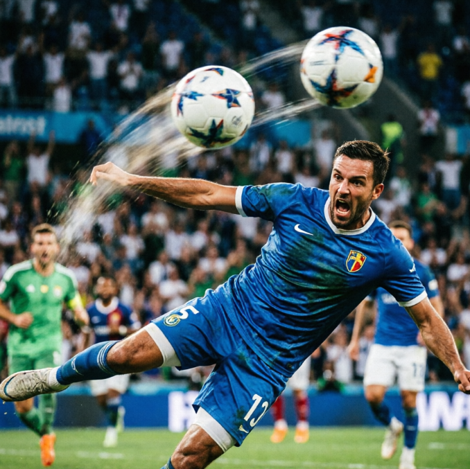 A player in a blue #12 jersey executes a powerful volley on the pitch, with motion blur on the spinning ball and splashing water droplets emphasizing speed and force. Other players and the crowd are blurred in the background, highlighting the intensity and rhythm of the match.