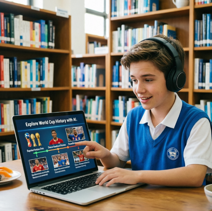 A boy in a blue school uniform wearing headphones sits at a library desk, tapping his laptop screen displaying “Explore World Cup History with AI.” alongside images of past trophies and players, showing he’s learning World Cup history through an interactive AI interface.