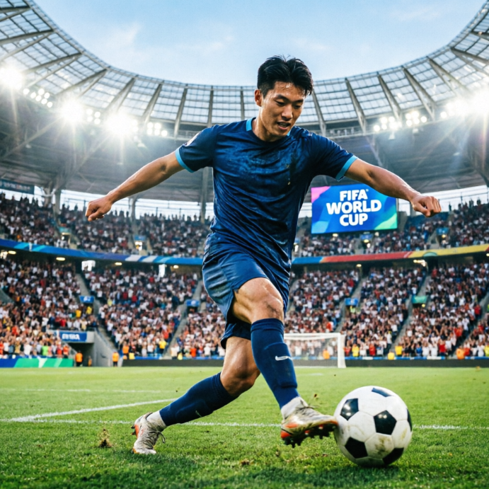 A male football player in a dark blue jersey dribbles the ball powerfully inside a large stadium. The background features dense spectator stands and bright lights, with the large screen also displaying "FIFA WORLD CUP," recreating an intense moment of top-tier competition.