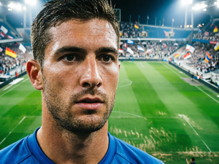 A close-up portrait of a male player in a blue jersey. Skin texture, stubble, and sweat droplets are clearly visible; his gaze is focused and intense. The blurred stadium background still retains sufficient environmental context — the portrait has strong three-dimensionality and natural light transitions.