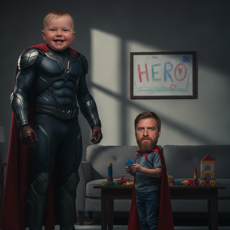 A baby in a black armored suit with a red cape stands smiling brightly in a living room; beside him, a young boy in a gray T-shirt and matching red cape has the face of a bearded adult man with a serious expression. Behind them, a child’s drawing reads “HERO,” and toy blocks are scattered on the table — creating a humorous contrast of “hero family.”