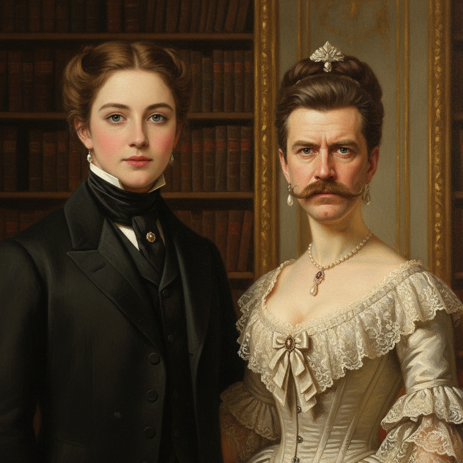 A 19th-century-style oil painting featuring a young woman in a black high-collared gown on the left, and on the right, a woman in a white lace dress with pearl jewelry — but her face is replaced with that of a stern, bearded middle-aged man, creating a striking gender and era mismatch against a backdrop of dark bookshelves and gilded frames.
