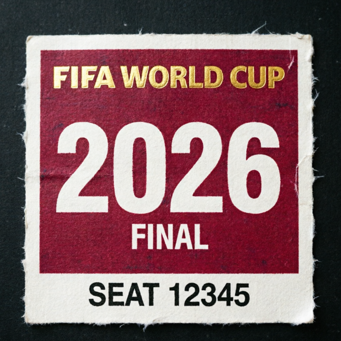 A vintage-style paper ticket with a deep red background and gold “FIFA WORLD CUP” lettering. The center features bold white “2026” numerals, with “FINAL” below and “SEAT 12345” at the bottom. Worn edges give it the feel of a cherished collectible.