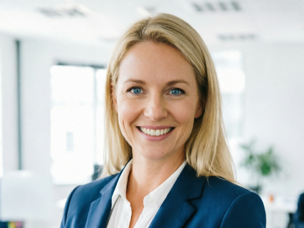 A Caucasian woman with shoulder-length blonde hair and blue eyes smiling confidently with teeth showing, looking at the camera. She wears the same navy blue blazer and white shirt against an identical bright office background, demonstrating the effect of AI face-swapping with different ethnic features while maintaining the same professional style.