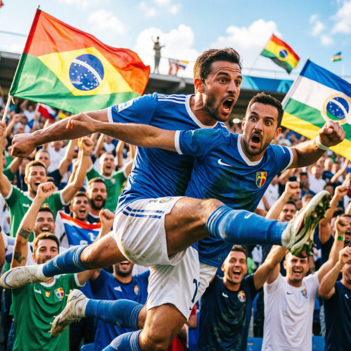 Two players in blue jerseys leap into the air celebrating a goal, their expressions intense and triumphant. Behind them, Brazilian flags wave proudly as fans cheer and wave banners — freezing the most infectious moment of victory in football.