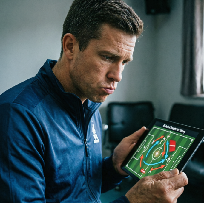 A male coach in a dark blue sports jacket looks intently at a tablet in his hands. The screen displays a football tactical map with red and blue arrows, titled "AI Tactical Insights for Victory," illustrating modern training methods using AI to assist in match strategy.