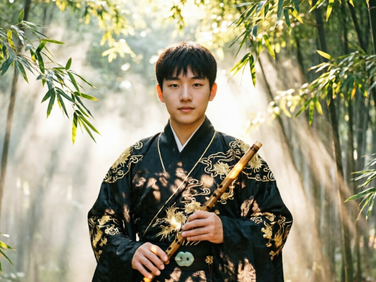 A young Asian man with delicate features standing in a sun-dappled bamboo forest, wearing black traditional Hanfu with gold embroidery. He holds a bamboo flute against his chest with both hands, looking calm and gentle, with soft and natural lighting effects.