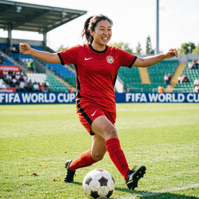 A female football player in a red jersey and shorts runs across the pitch celebrating with a bright smile and open arms. The advertising boards in the background read "FIFA WORLD CUP," under bright sunlight full of vitality.