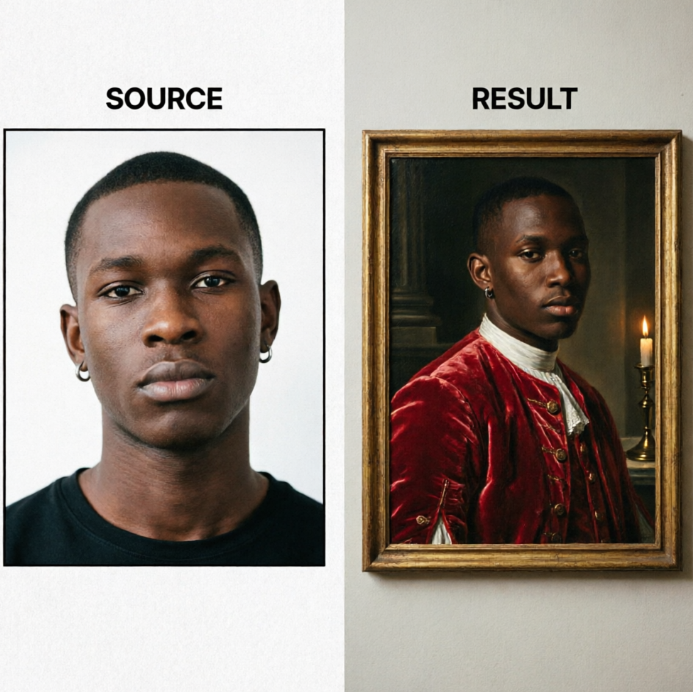Left side shows a modern Black man’s headshot labeled “SOURCE”; right side, labeled “RESULT,” places the same face into a classical oil portrait — dressed in a red velvet noble coat with earrings, against candlelit stone columns — illustrating a stylistic leap from contemporary to 18th-century aristocracy.