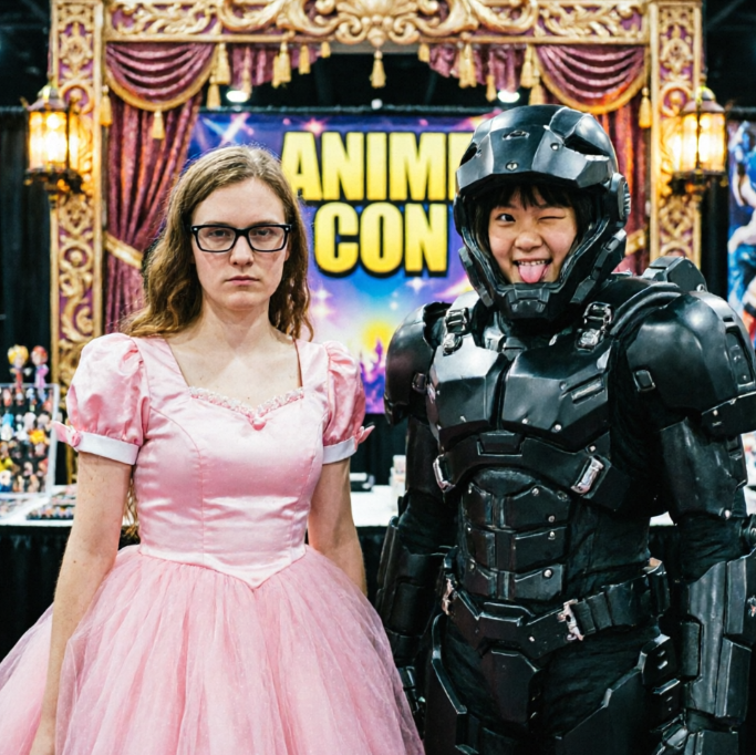 At an “ANIME CON” booth, a young woman in glasses and a pink princess dress looks unamused on the left; on the right, an Asian teen in full black mecha armor sticks out his tongue playfully — but his face is swapped with that of a blonde woman, creating an absurd “princess vs. mech warrior” combo against a lavish stage backdrop with neon signage.
