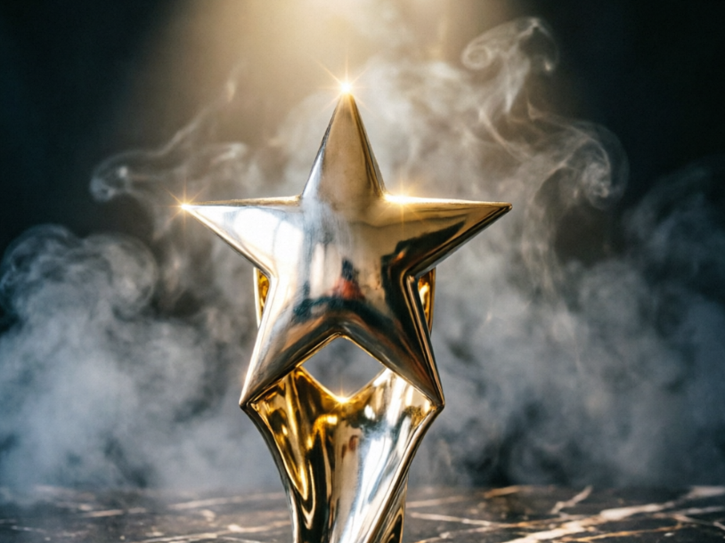 A five-pointed star-shaped metallic trophy glowing amidst swirling smoke. Its surface reflects highlights and environmental reflections with sharp edges and realistic texture; layered smoke in the background creates a solemn yet dreamy award ceremony atmosphere.