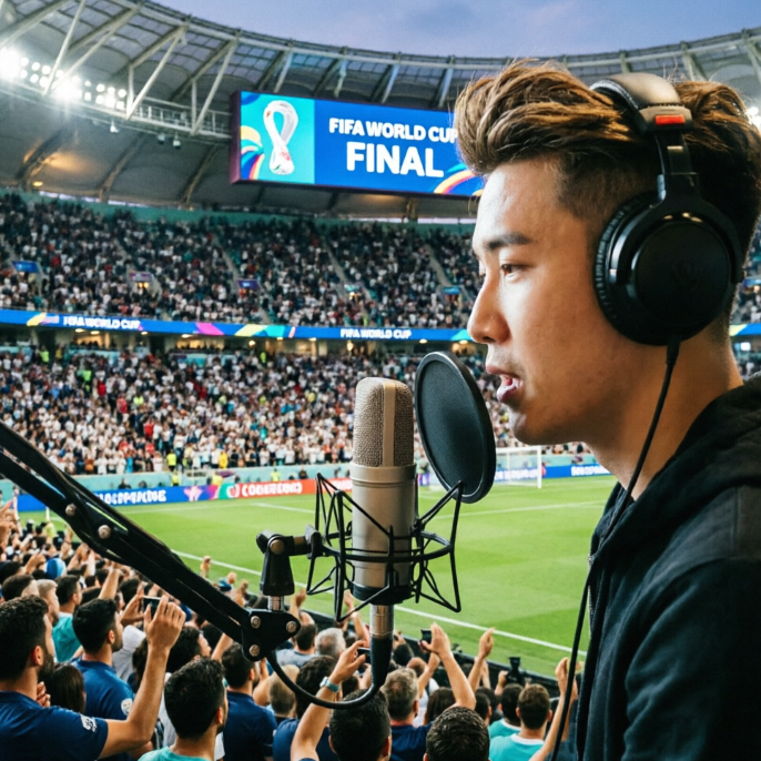 A young male commentator wearing headphones speaks into a microphone against the backdrop of a packed World Cup Final stadium. The large screen clearly displays "FIFA WORLD CUP FINAL," capturing the intense atmosphere of the live broadcast.