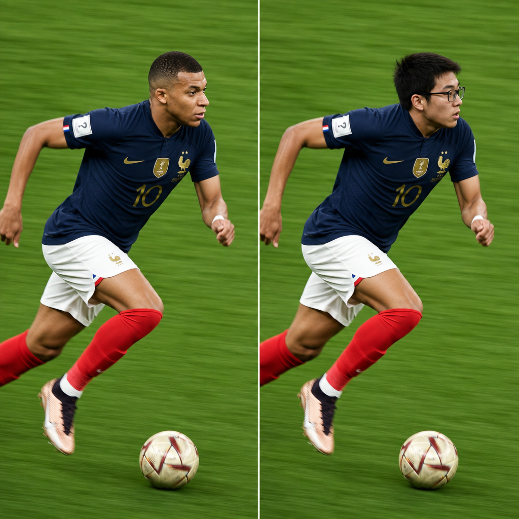 In the exact same scene, Guardiola's head has been replaced with a female face, featuring medium-length brown hair and earrings. The rest of the clothing, posture, and background remain completely identical, creating a gender-swapped visual effect.