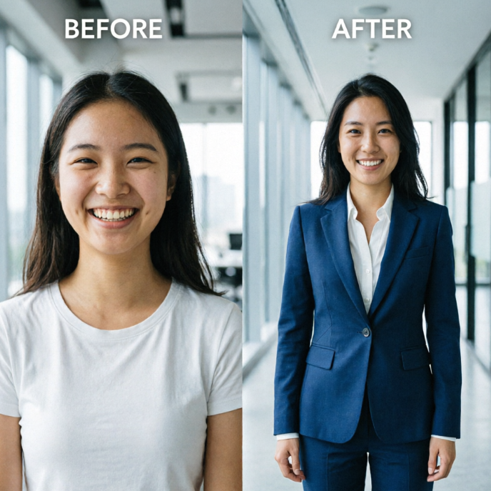 Side-by-side comparison labeled “BEFORE” (left) and “AFTER” (right). The left shows a young Asian woman in a white T-shirt with a natural smile; the right shows the same person transformed into a polished professional in a navy blue suit, with neater hair and a more confident smile, set against a modern office corridor — demonstrating AI-enhanced career image transformation.