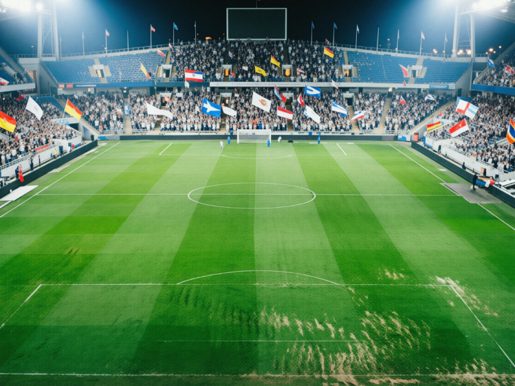 A high-definition panoramic view of a football stadium after image enhancement. The grass stripes are sharp and clear, national flags in the stands are vividly colored, and field details are rich under bright lighting — delivering a professional broadcast-level visual quality.