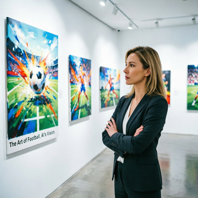 A woman in a dark suit stands with arms crossed in an art gallery, gazing at a vibrant, explosive soccer-themed painting labeled “The Art of Football, AI’s Vision.” Other abstract football player artwork