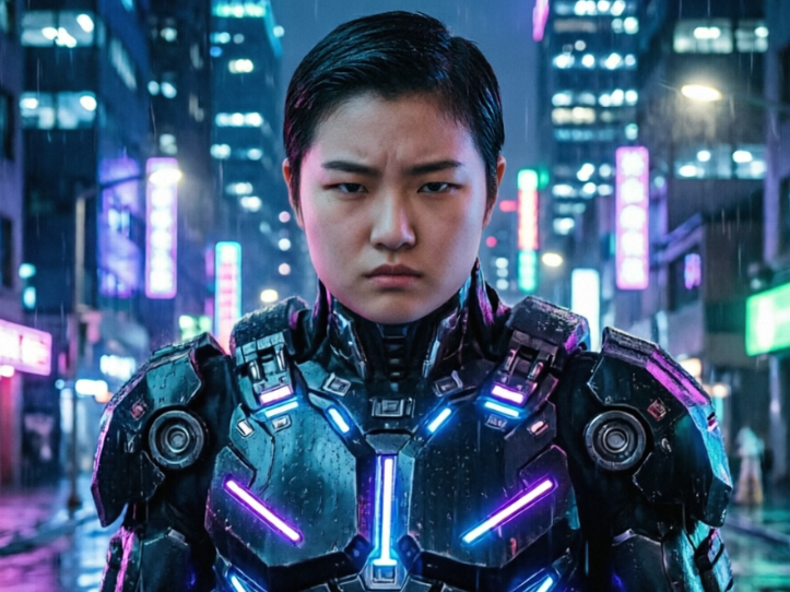 A stern-looking Asian woman with short hair standing in the same rainy cyberpunk street background. She wears the exact same glowing mech armor as the male on the left. Her facial features are distinct with a determined gaze, demonstrating the AI face-swapping effect of replacing the face with a female one while preserving complex mechanical clothing details.